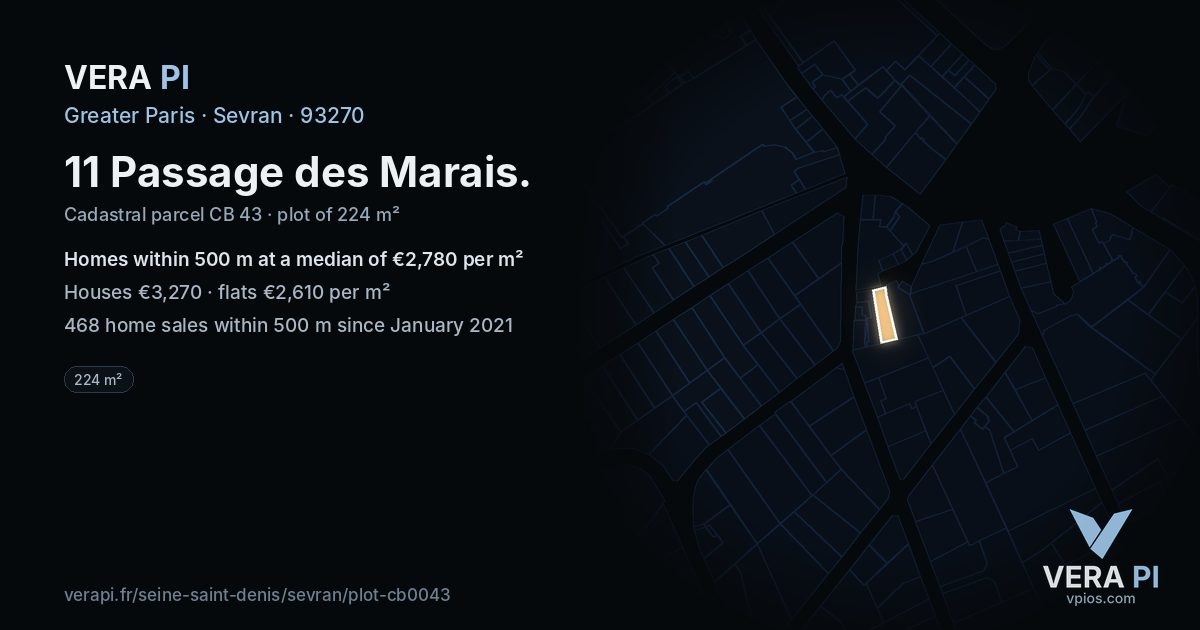 11 Passage des Marais, Sevran at night – the plot lit, the parcels around coloured by the prices near them