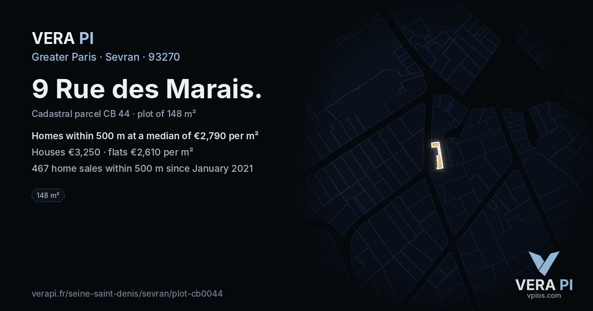 9 Rue des Marais, Sevran at night – the plot lit, the parcels around coloured by the prices near them