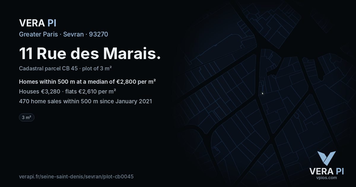 11 Rue des Marais, Sevran at night – the plot lit, the parcels around coloured by the prices near them