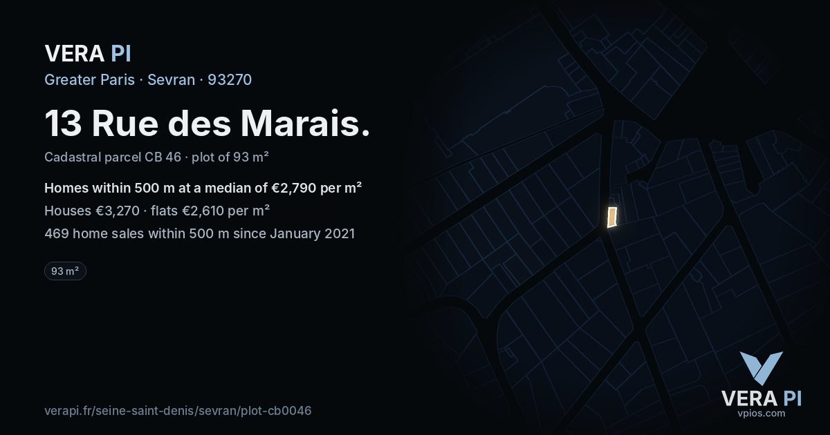 13 Rue des Marais, Sevran at night – the plot lit, the parcels around coloured by the prices near them