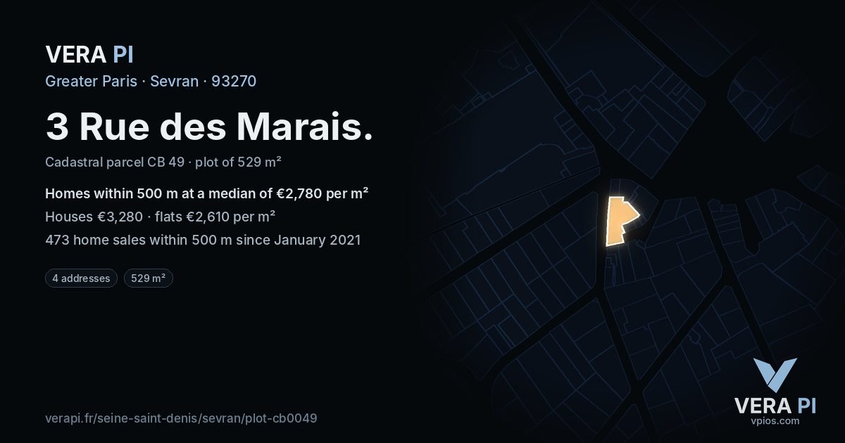3 Rue des Marais, Sevran at night – the plot lit, the parcels around coloured by the prices near them