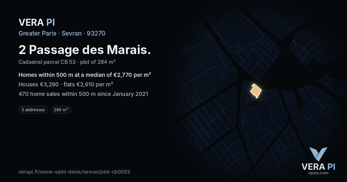 2 Passage des Marais, Sevran at night – the plot lit, the parcels around coloured by the prices near them