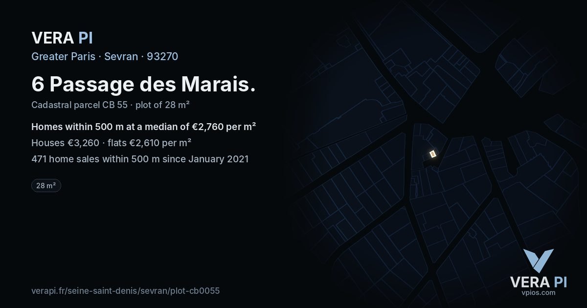 6 Passage des Marais, Sevran at night – the plot lit, the parcels around coloured by the prices near them