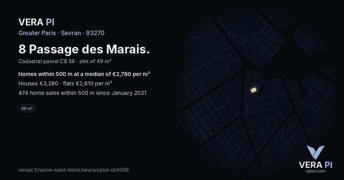 8 Passage des Marais, Sevran at night – the plot lit, the parcels around coloured by the prices near them