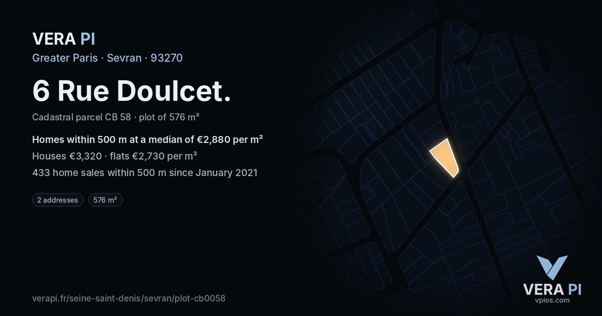 6 Rue Doulcet, Sevran at night – the plot lit, the parcels around coloured by the prices near them
