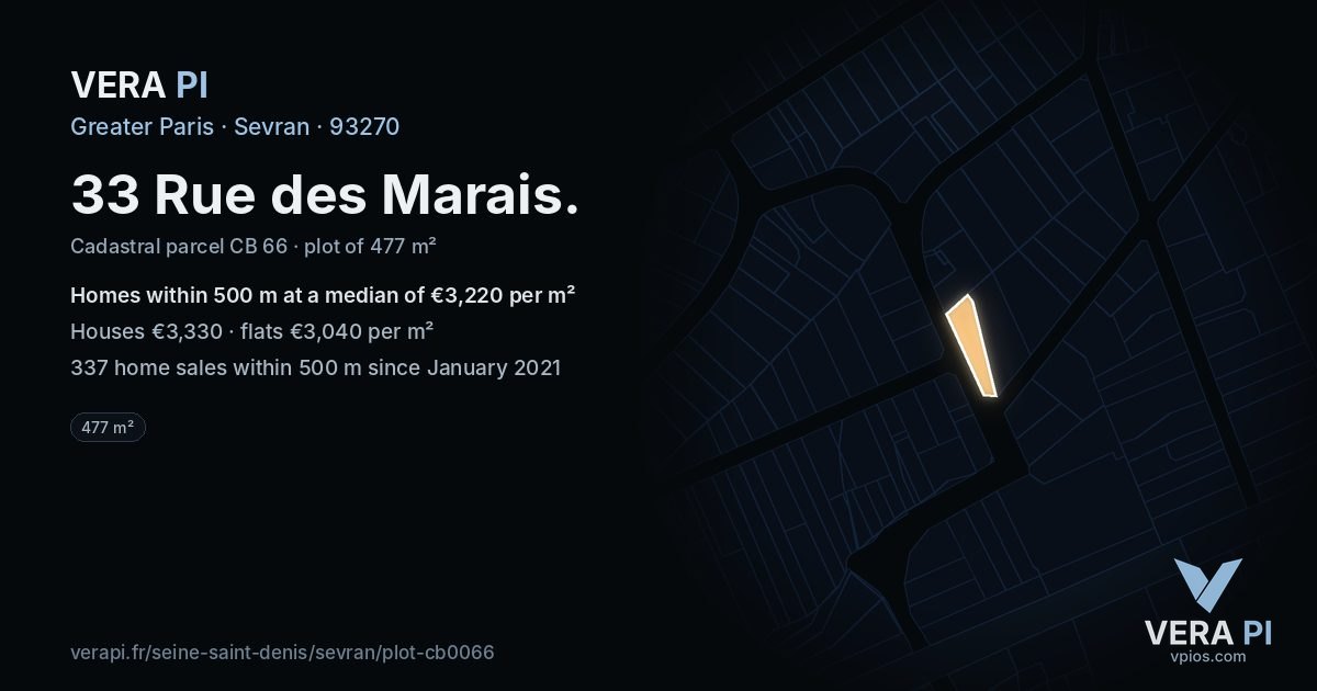 33 Rue des Marais, Sevran at night – the plot lit, the parcels around coloured by the prices near them