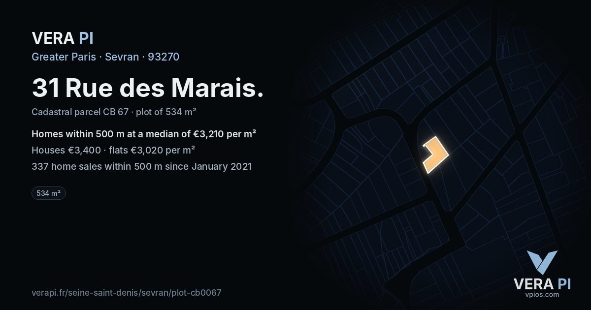 31 Rue des Marais, Sevran at night – the plot lit, the parcels around coloured by the prices near them