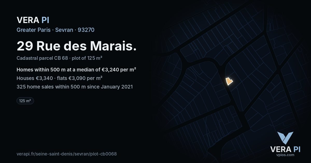 29 Rue des Marais, Sevran at night – the plot lit, the parcels around coloured by the prices near them