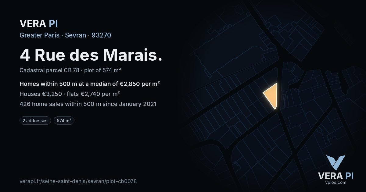 4 Rue des Marais, Sevran at night – the plot lit, the parcels around coloured by the prices near them