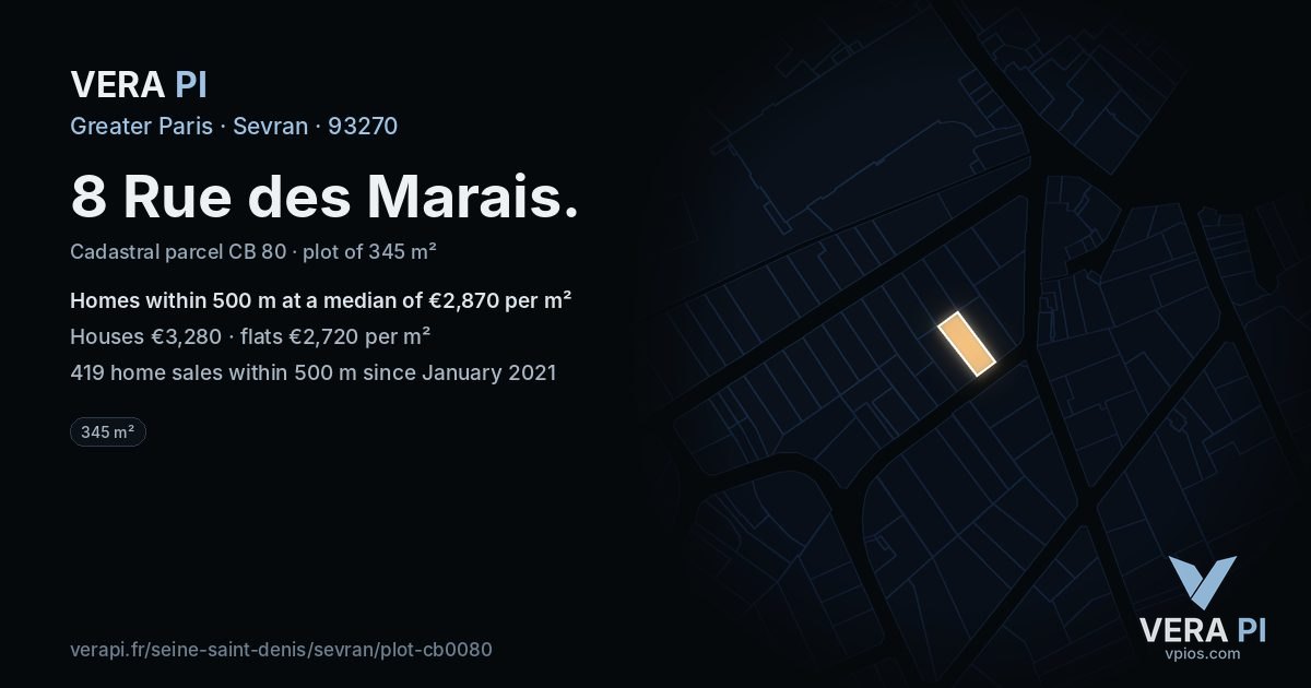8 Rue des Marais, Sevran at night – the plot lit, the parcels around coloured by the prices near them