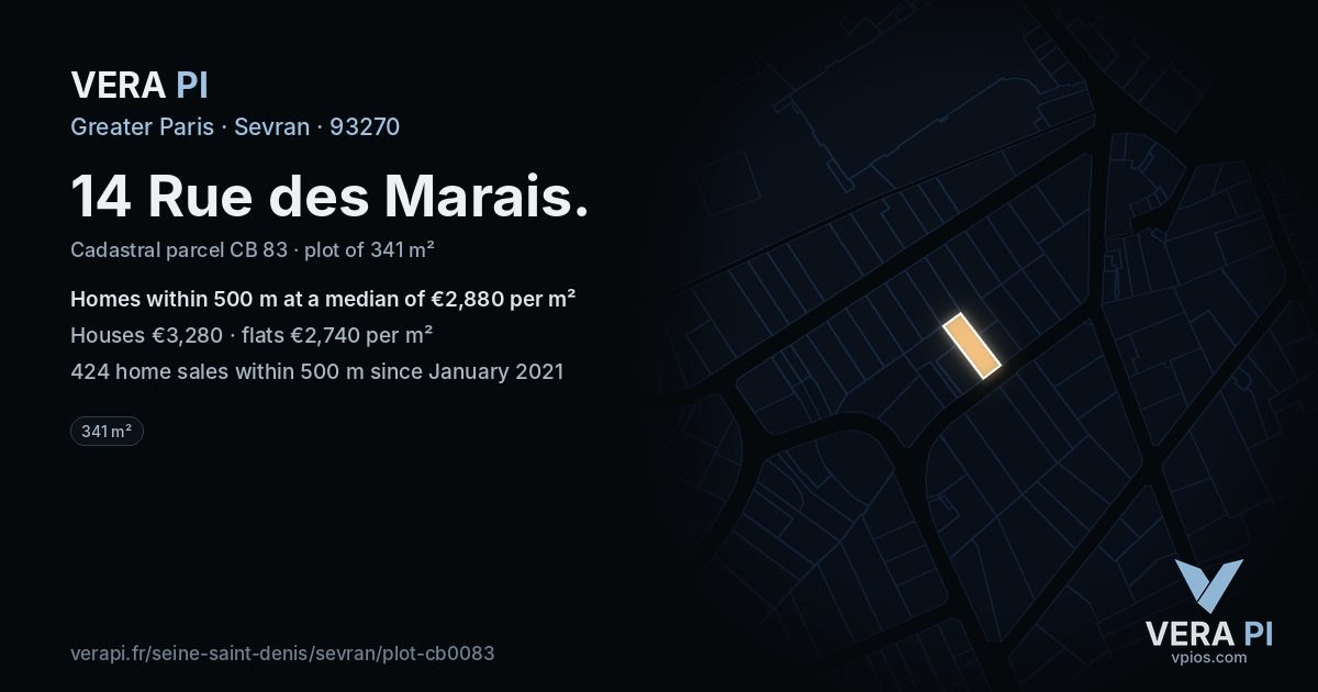 14 Rue des Marais, Sevran at night – the plot lit, the parcels around coloured by the prices near them