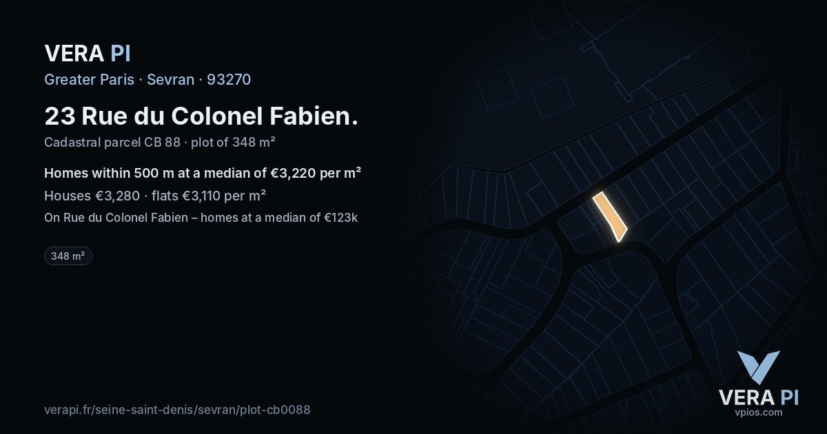 23 Rue du Colonel Fabien, Sevran at night – the plot lit, the parcels around coloured by the prices near them