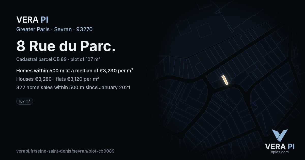 8 Rue du Parc, Sevran at night – the plot lit, the parcels around coloured by the prices near them
