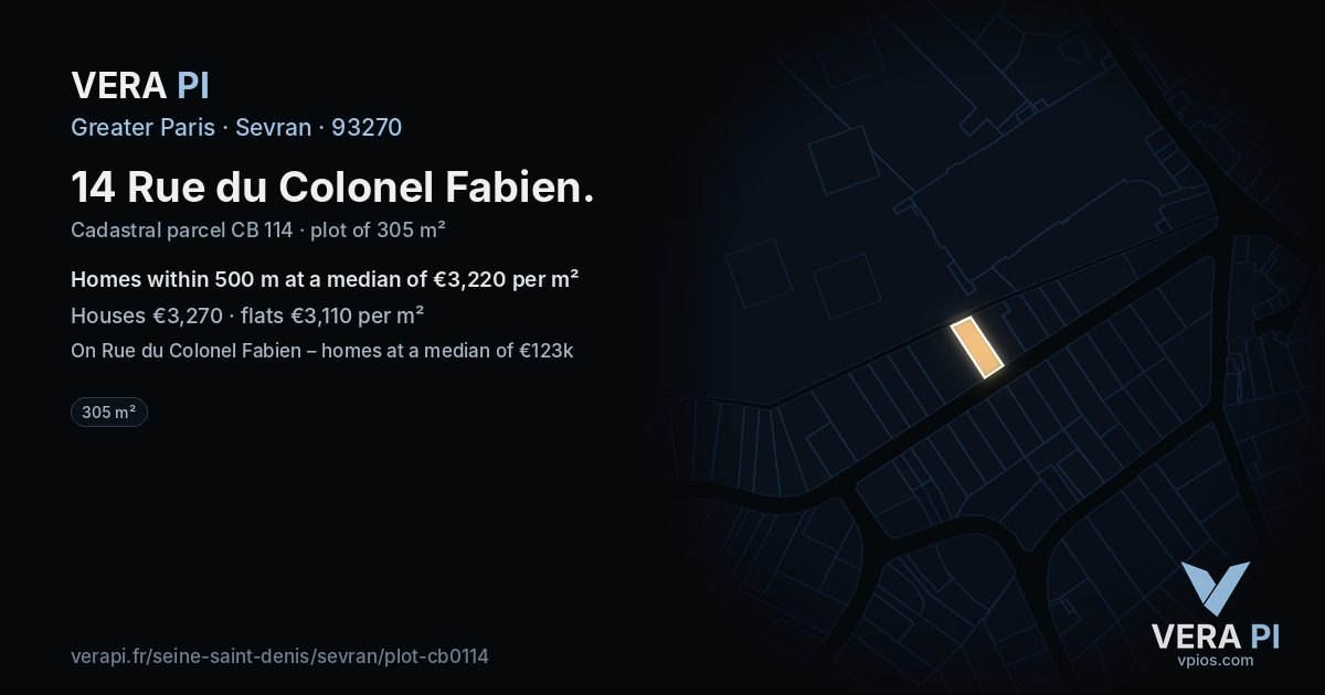 14 Rue du Colonel Fabien, Sevran at night – the plot lit, the parcels around coloured by the prices near them