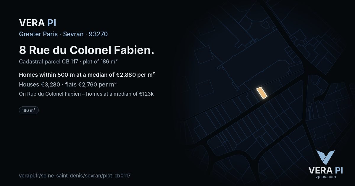 8 Rue du Colonel Fabien, Sevran at night – the plot lit, the parcels around coloured by the prices near them