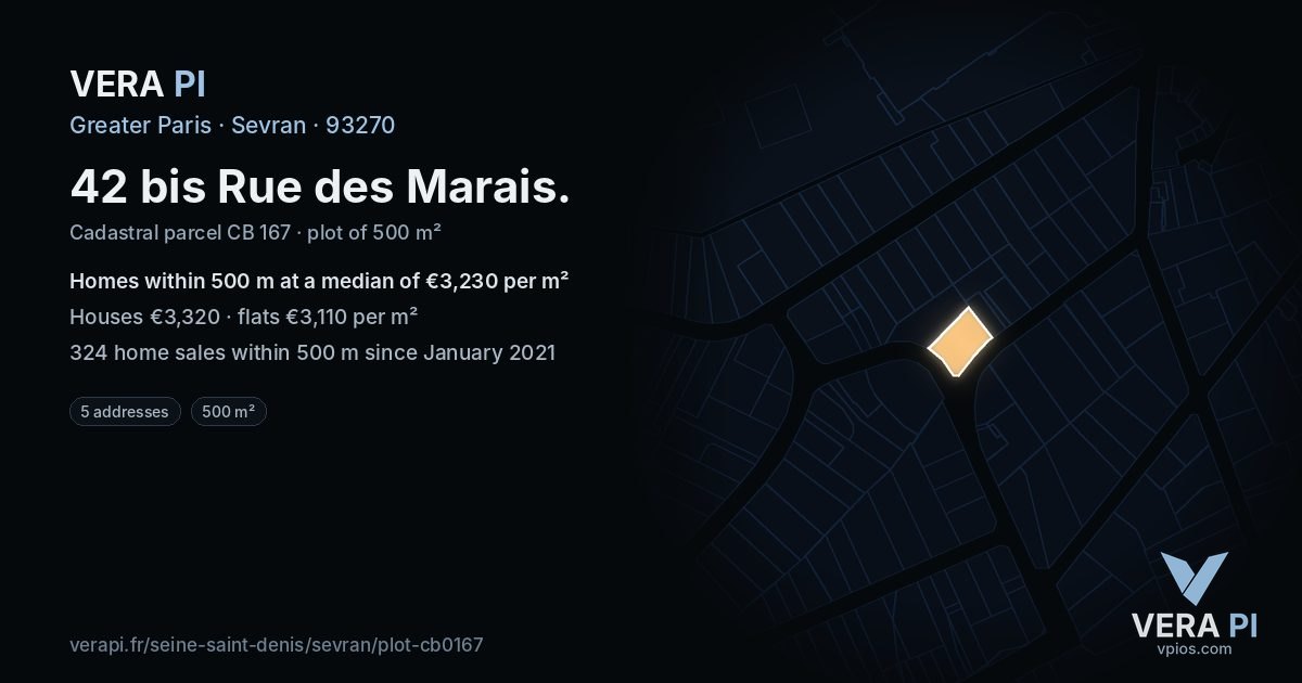 42 bis Rue des Marais, Sevran at night – the plot lit, the parcels around coloured by the prices near them