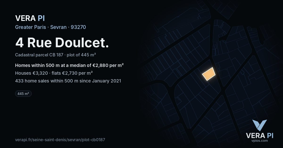 4 Rue Doulcet, Sevran at night – the plot lit, the parcels around coloured by the prices near them