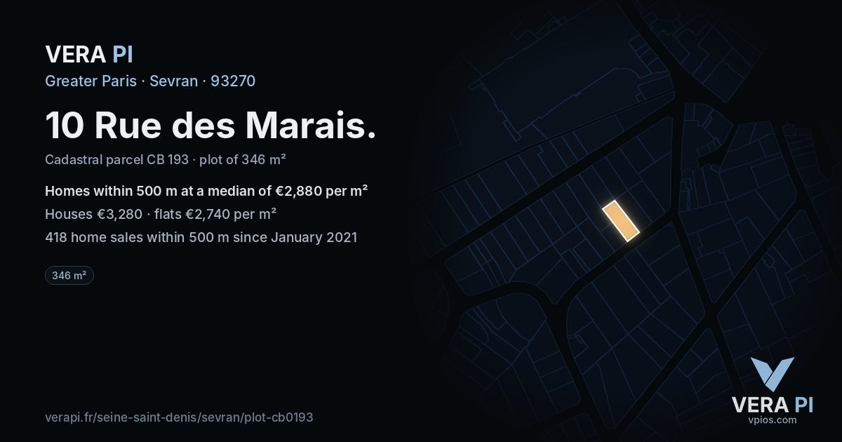 10 Rue des Marais, Sevran at night – the plot lit, the parcels around coloured by the prices near them