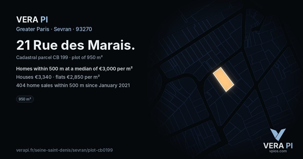 21 Rue des Marais, Sevran at night – the plot lit, the parcels around coloured by the prices near them