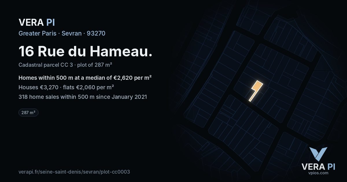 16 Rue du Hameau, Sevran at night – the plot lit, the parcels around coloured by the prices near them