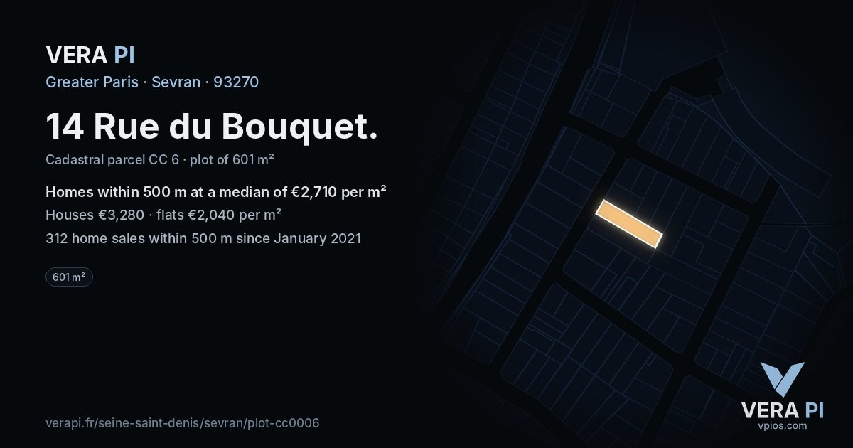 14 Rue du Bouquet, Sevran at night – the plot lit, the parcels around coloured by the prices near them