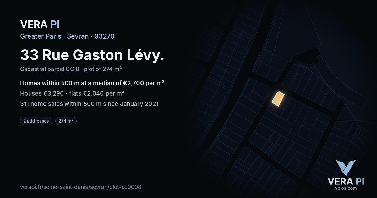 33 Rue Gaston Lévy, Sevran at night – the plot lit, the parcels around coloured by the prices near them
