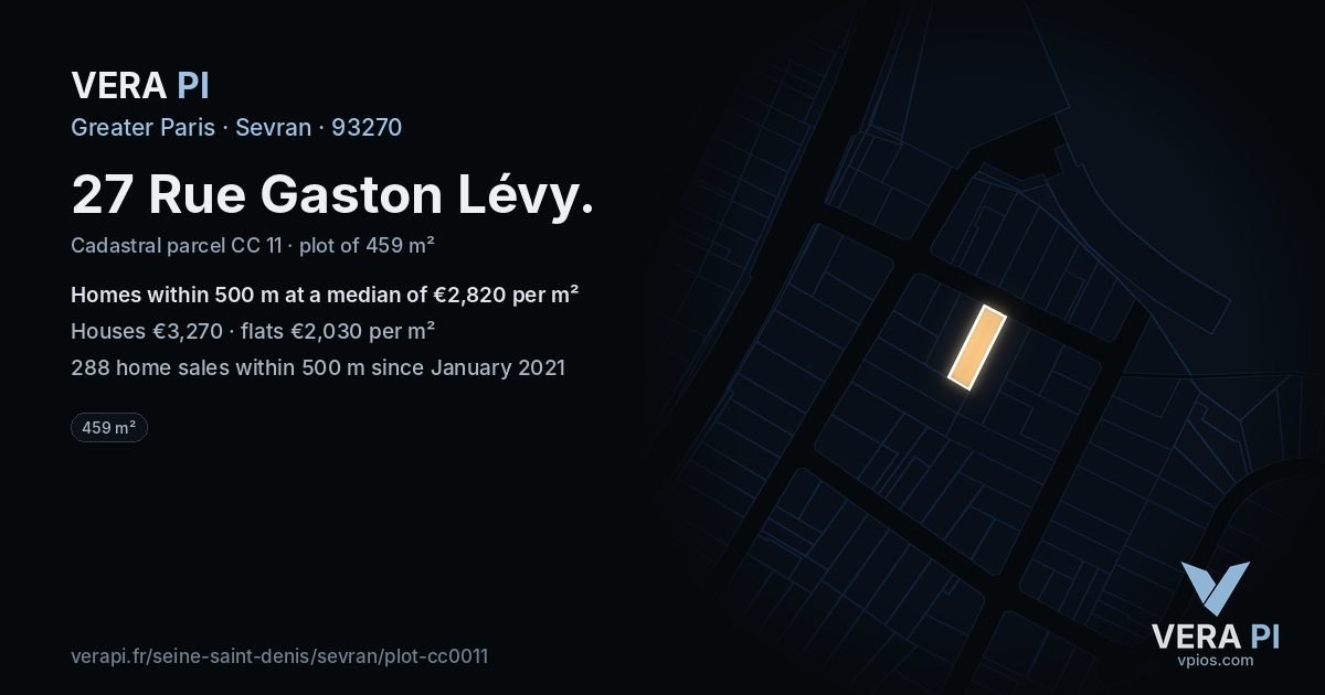 27 Rue Gaston Lévy, Sevran at night – the plot lit, the parcels around coloured by the prices near them