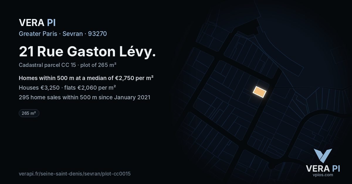 21 Rue Gaston Lévy, Sevran at night – the plot lit, the parcels around coloured by the prices near them