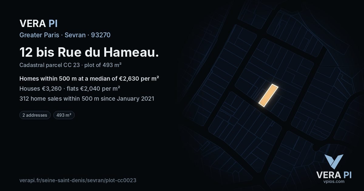 12 bis Rue du Hameau, Sevran at night – the plot lit, the parcels around coloured by the prices near them