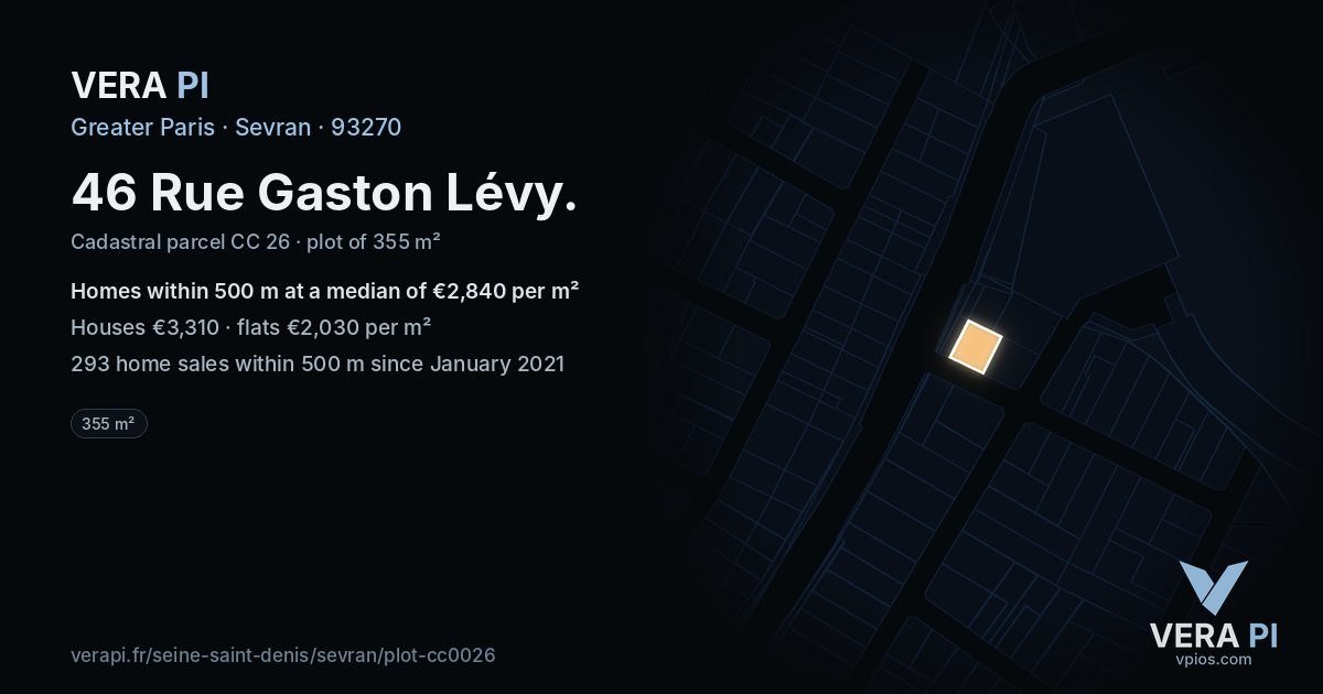 46 Rue Gaston Lévy, Sevran at night – the plot lit, the parcels around coloured by the prices near them