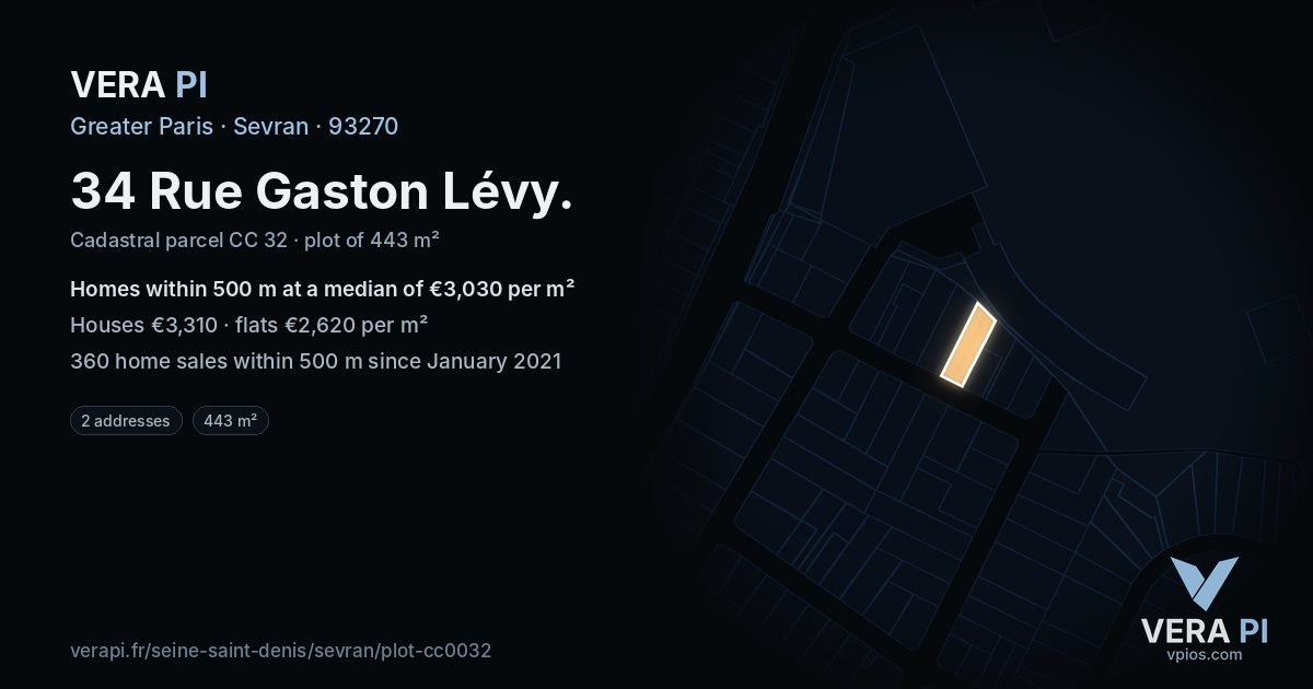 34 Rue Gaston Lévy, Sevran at night – the plot lit, the parcels around coloured by the prices near them