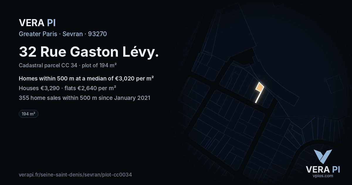 32 Rue Gaston Lévy, Sevran at night – the plot lit, the parcels around coloured by the prices near them