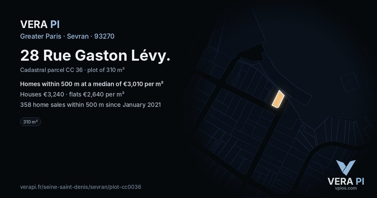 28 Rue Gaston Lévy, Sevran at night – the plot lit, the parcels around coloured by the prices near them