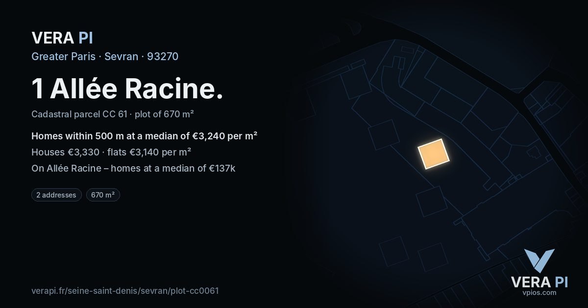 1 Allée Racine, Sevran at night – the plot lit, the parcels around coloured by the prices near them
