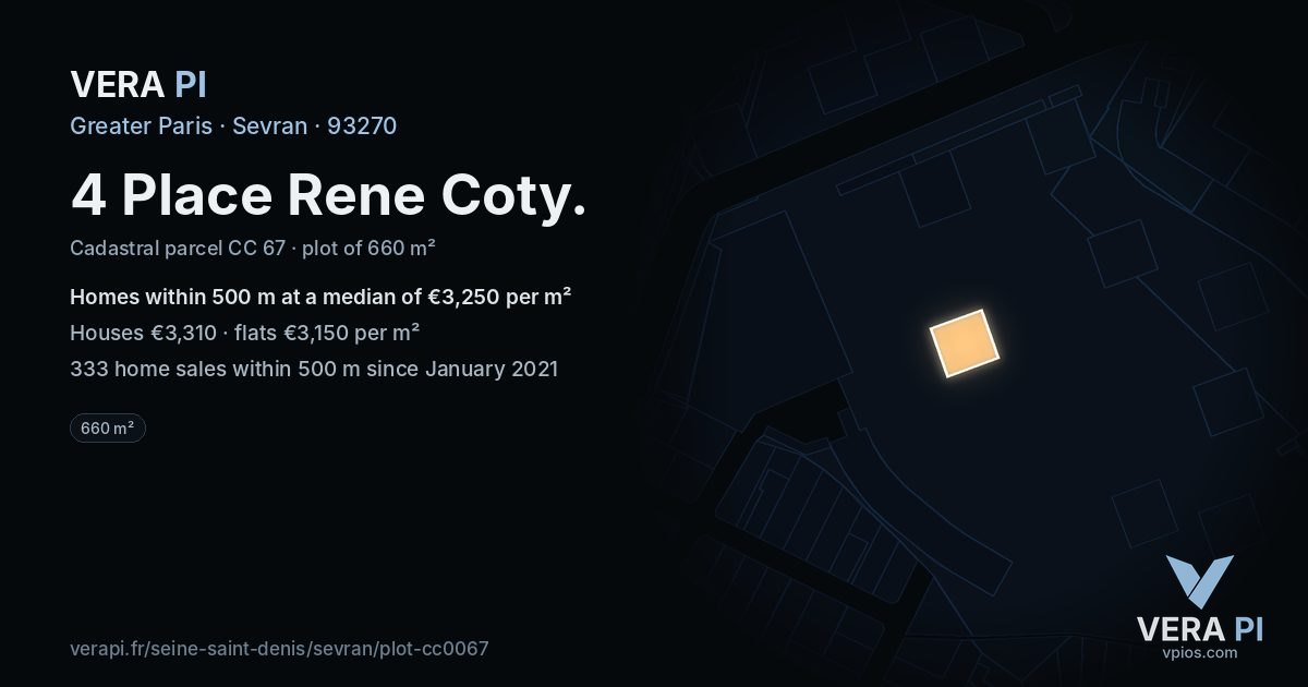 4 Place Rene Coty, Sevran at night – the plot lit, the parcels around coloured by the prices near them