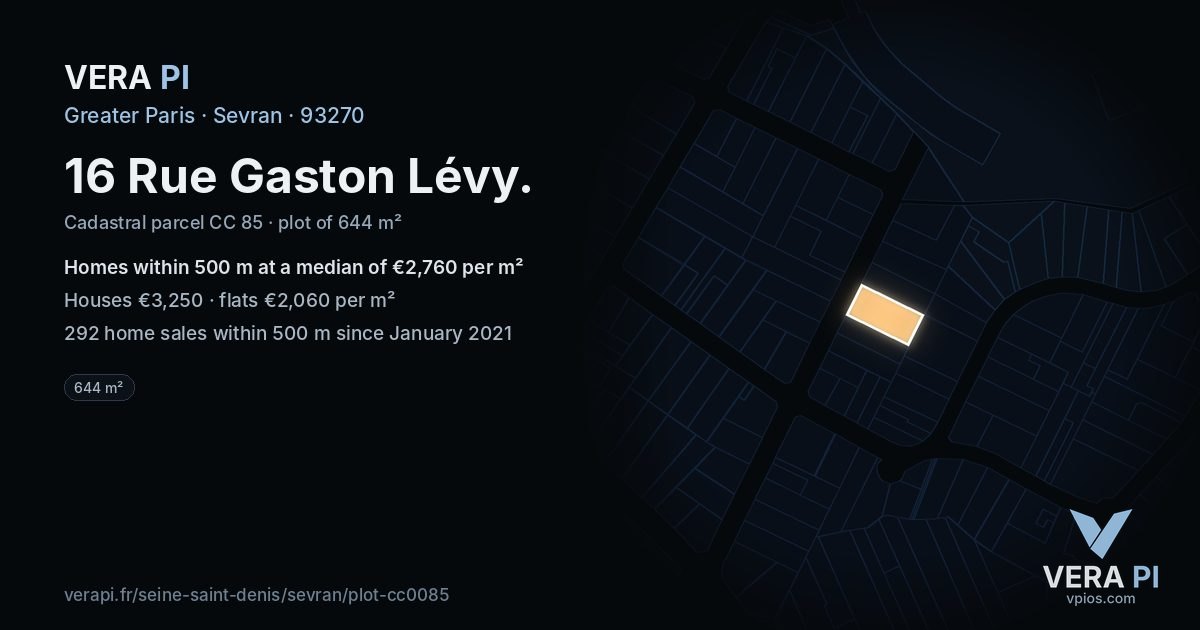 16 Rue Gaston Lévy, Sevran at night – the plot lit, the parcels around coloured by the prices near them
