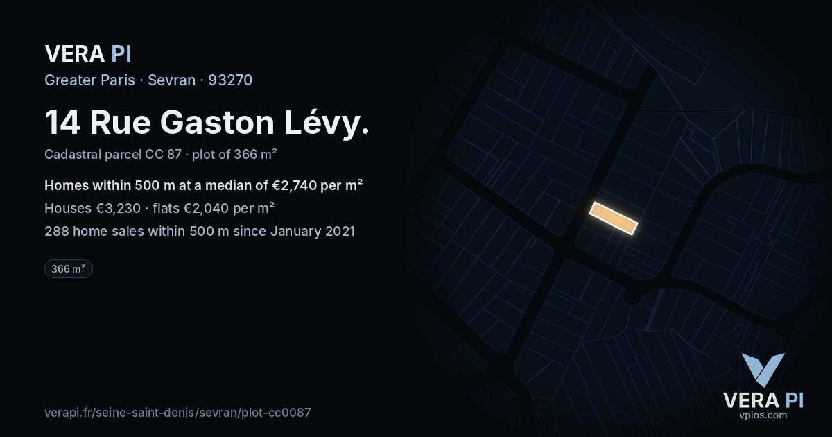 14 Rue Gaston Lévy, Sevran at night – the plot lit, the parcels around coloured by the prices near them