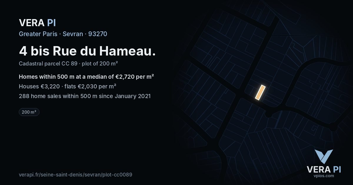 4 bis Rue du Hameau, Sevran at night – the plot lit, the parcels around coloured by the prices near them