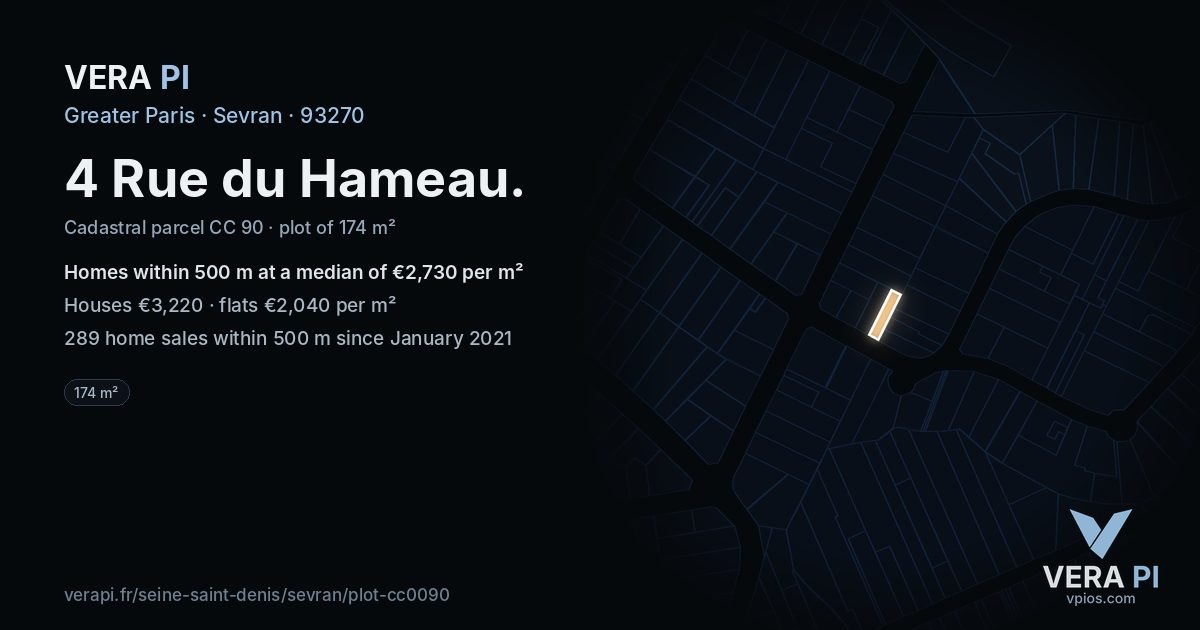 4 Rue du Hameau, Sevran at night – the plot lit, the parcels around coloured by the prices near them