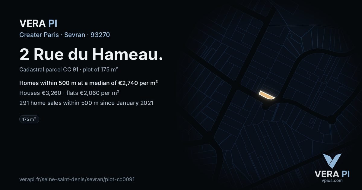 2 Rue du Hameau, Sevran at night – the plot lit, the parcels around coloured by the prices near them