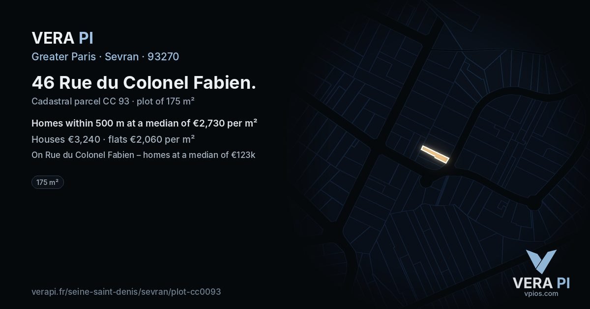 46 Rue du Colonel Fabien, Sevran at night – the plot lit, the parcels around coloured by the prices near them