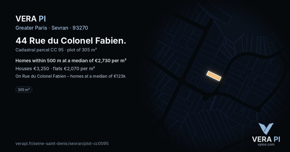 44 Rue du Colonel Fabien, Sevran at night – the plot lit, the parcels around coloured by the prices near them