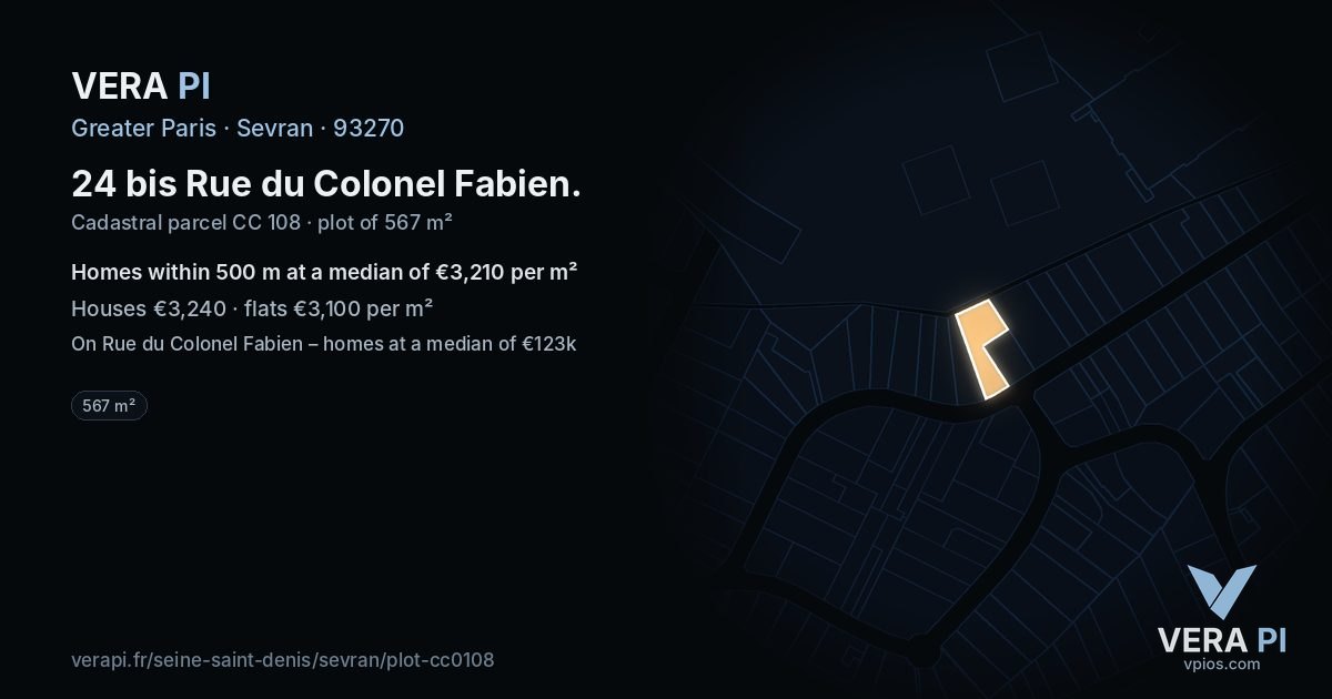 24 bis Rue du Colonel Fabien, Sevran at night – the plot lit, the parcels around coloured by the prices near them