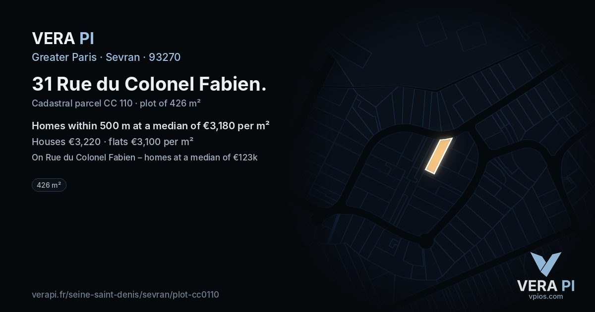 31 Rue du Colonel Fabien, Sevran at night – the plot lit, the parcels around coloured by the prices near them