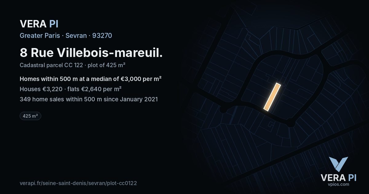 8 Rue Villebois-mareuil, Sevran at night – the plot lit, the parcels around coloured by the prices near them