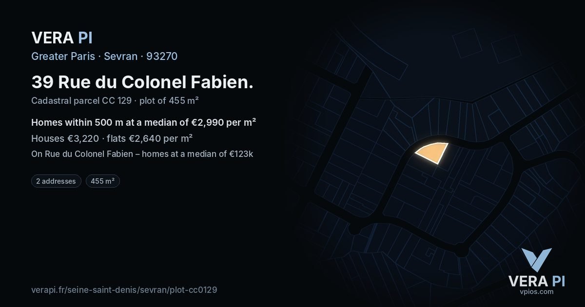 39 Rue du Colonel Fabien, Sevran at night – the plot lit, the parcels around coloured by the prices near them