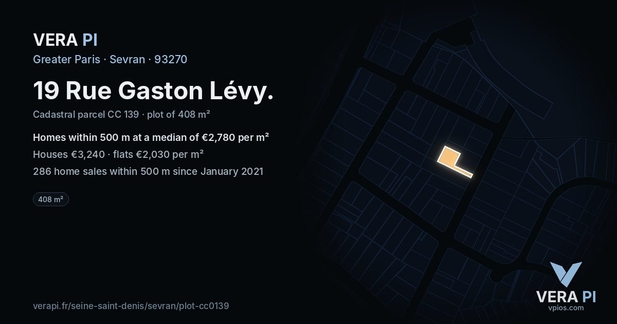 19 Rue Gaston Lévy, Sevran at night – the plot lit, the parcels around coloured by the prices near them