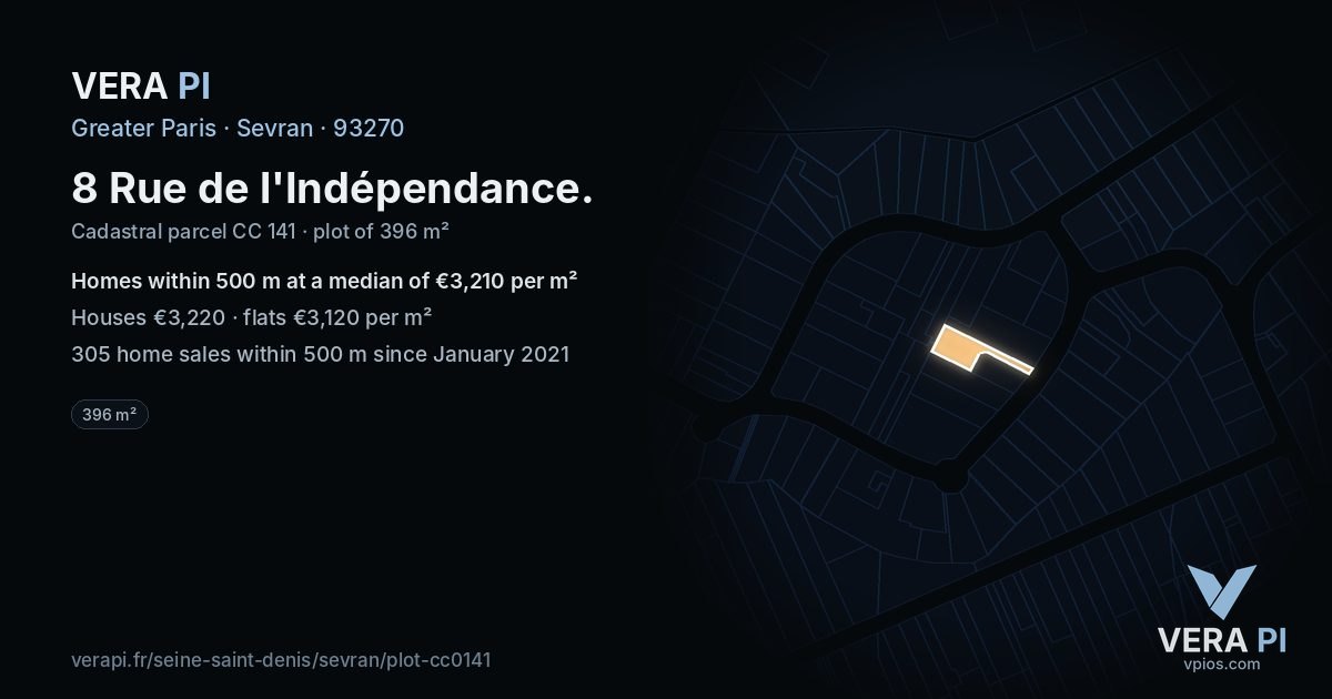 8 Rue de l'Indépendance, Sevran at night – the plot lit, the parcels around coloured by the prices near them