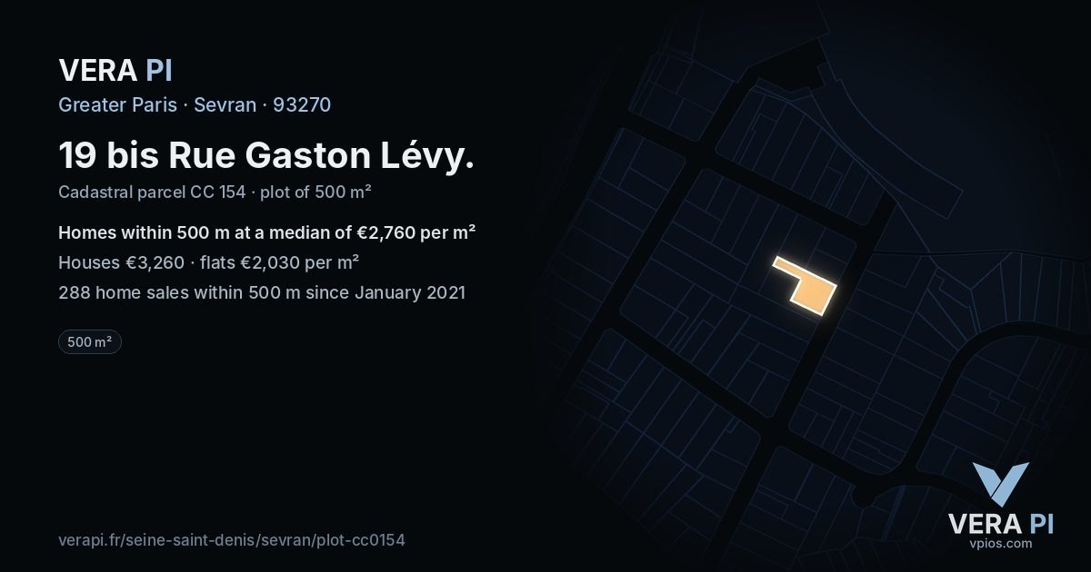19 bis Rue Gaston Lévy, Sevran at night – the plot lit, the parcels around coloured by the prices near them