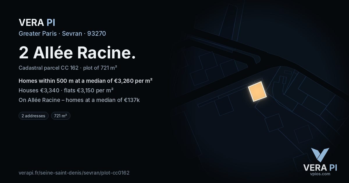 2 Allée Racine, Sevran at night – the plot lit, the parcels around coloured by the prices near them